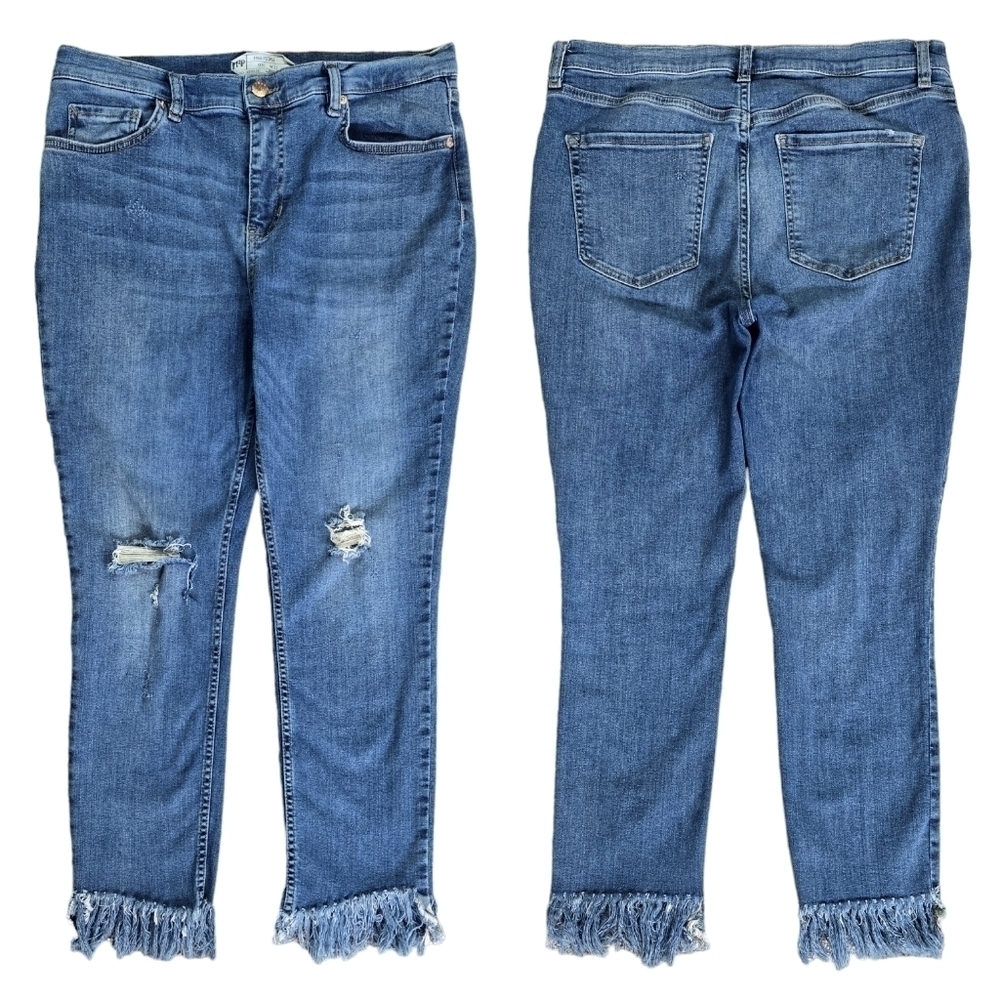 Free People Great Heights Distressed Medium Wash Frayed Hem Skinny Jeans Boho